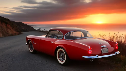 Classic red coupe parked on coastal road at sunset.