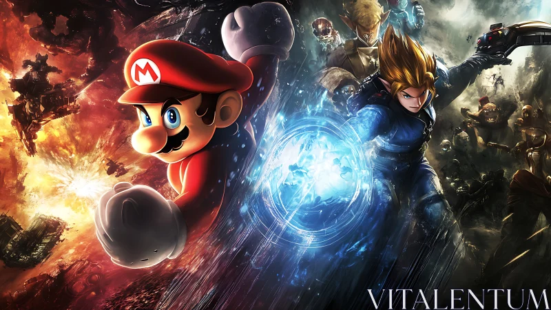 Iconic game heroes clash amid explosive cosmic battlefield.