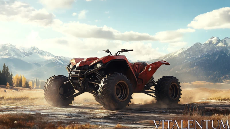 Red titan quad roars across frosted valley plains today