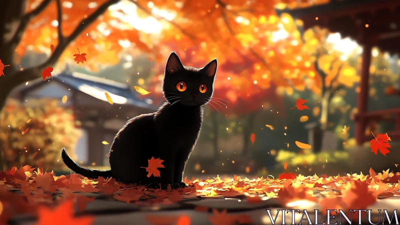 Curious black cat resting in a golden autumn garden scene.