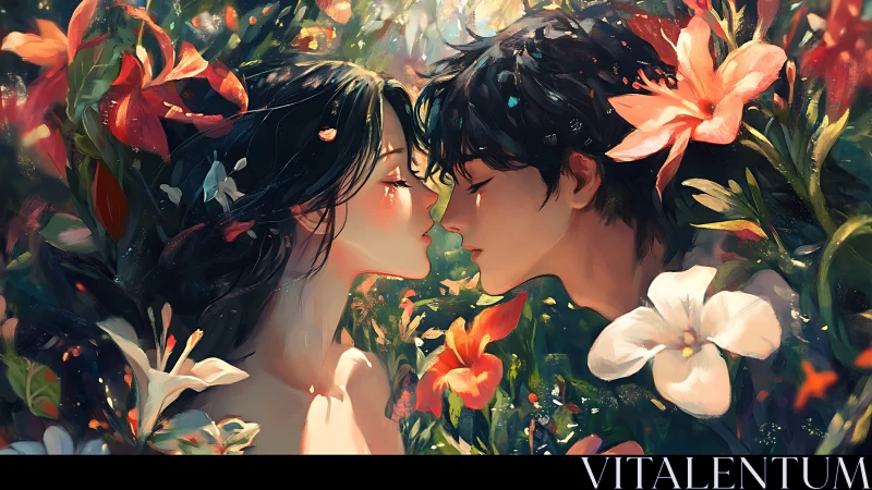 Two Figures in Romantic Floral Garden: Digital Painting.