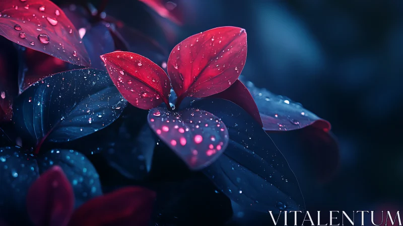 Midnight garden leaves glowing with ruby raindrops.