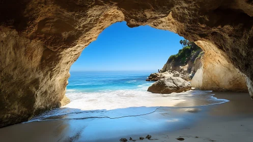 Coastal sea cave frames tranquil turquoise ocean view.