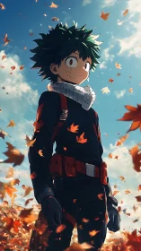 Autumn anime hero portrait in tactical suit under blue sky