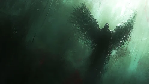 Shadowed winged entity emerges through luminous green haze