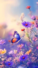 Dreamy twilight butterfly drifting through neon petals.