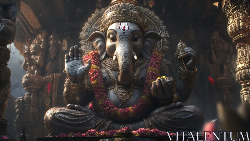 Majestic Ganesha idol sits in ornate temple sanctum