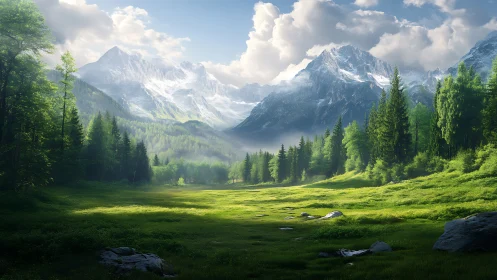 Sunlit alpine meadow dreaming beneath crystal mountain crowns.