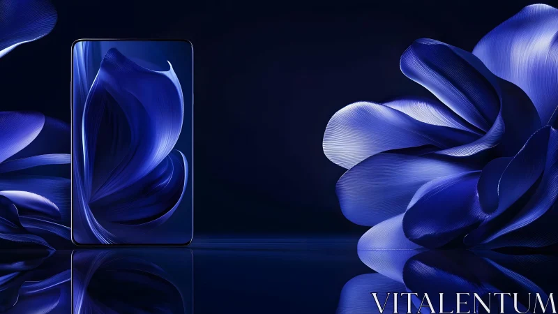 Modern smartphone with abstract blue floral elements in digital style.