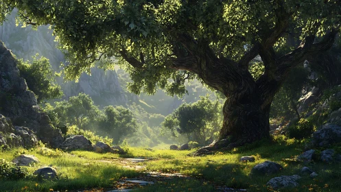 Ancient Forest Cathedral: Monumental Tree in Luminous Valley.