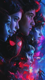 Neon-lit young heroes gaze into a futuristic city horizon