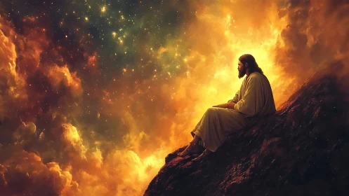 Robe-clad figure seated on rocky slope before luminous sky.