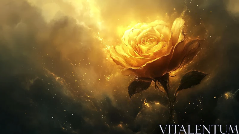 Golden rose illuminated within dark atmospheric clouds.