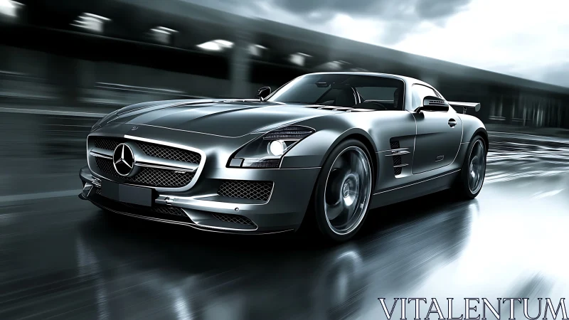 Silver sports coupe moves along wet urban roadway at speed