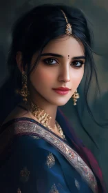 Midnight-eyed muse in jeweled saree and whispering gold.