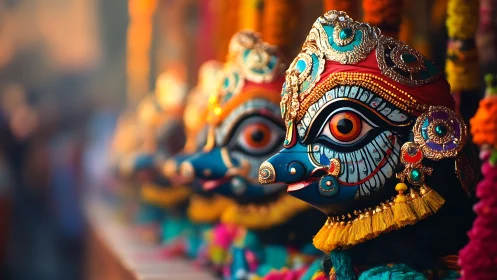 Row of ornate ceremonial masks with vivid decorative detail.