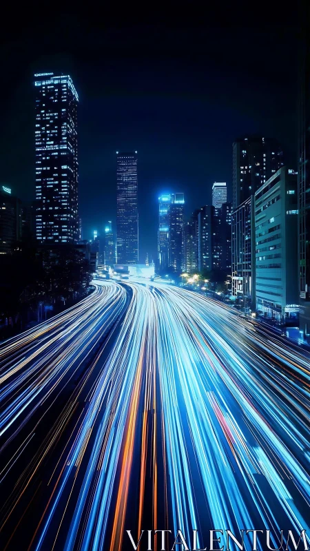 Neon rivers of traffic carving a midnight electric skyline.