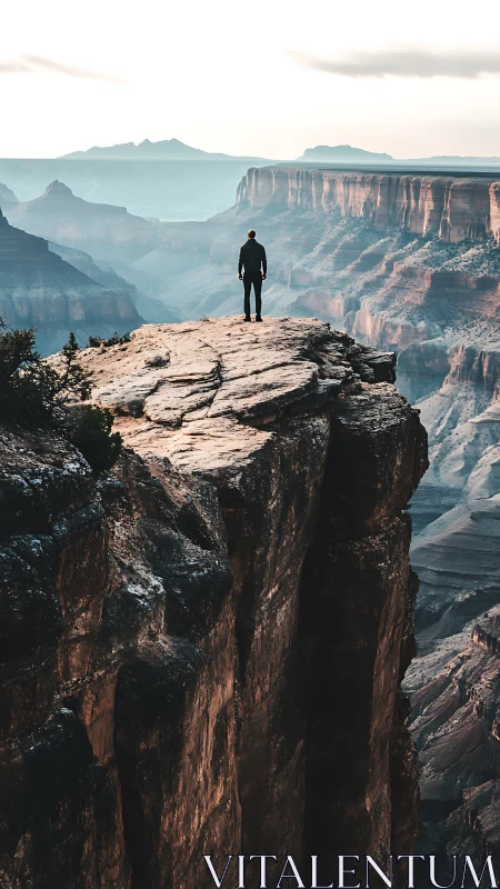 Solitary figure surveys stratified canyon from sheer cliff edge