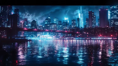 Neon lit futuristic city skyline over reflective river at night.