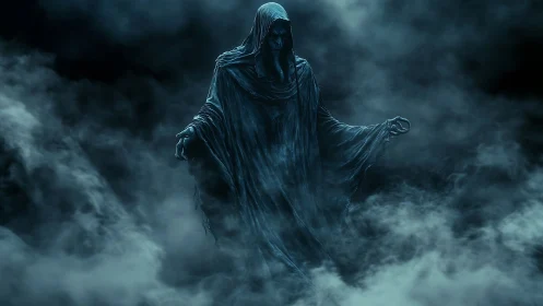 Hooded spectral entity emerges from volumetric blue fog field