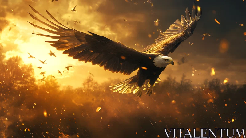 Majestic bald eagle soaring at sunset with dramatic lighting.