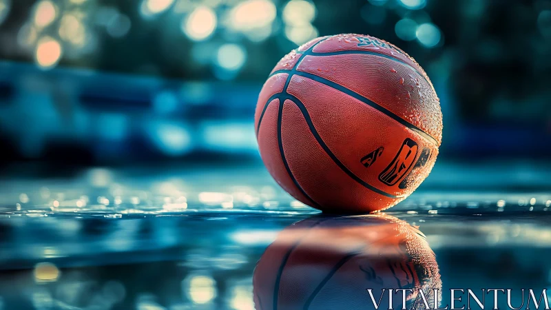 Glow-lit basketball resting on wet court after rainfall.