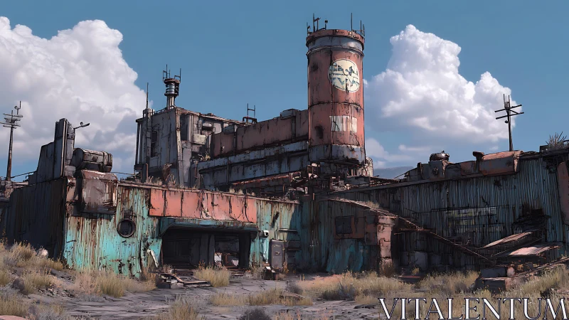 Derelict industrial compound in arid landscape under sky.