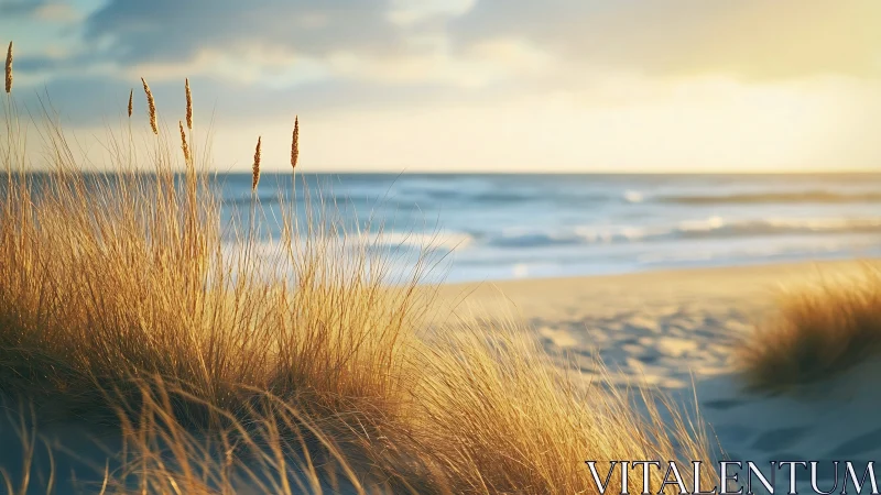 Coastal sand dune grasses in golden hour backlight by sea