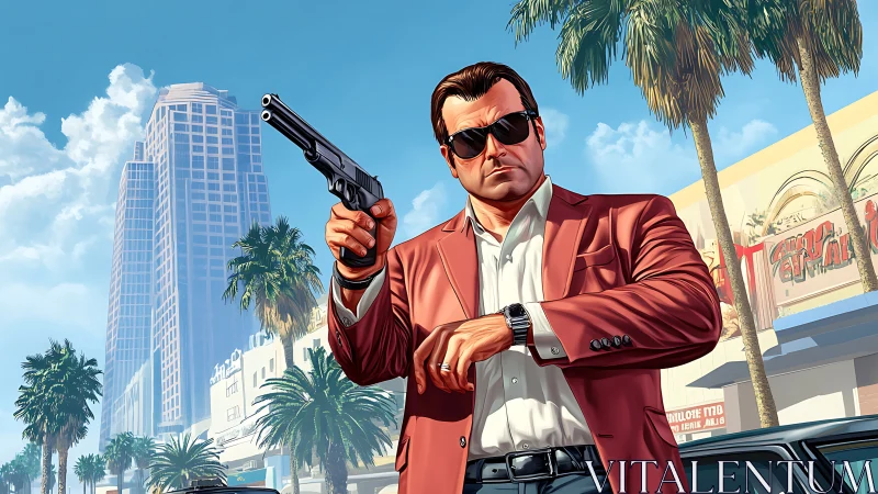 Gun-wielding suited man dominates sunny palm-lined city street