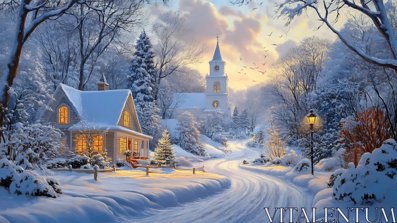 Snow-covered village road curves toward a distant church