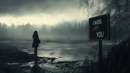 Solitary figure by misty river under I Miss You sign.