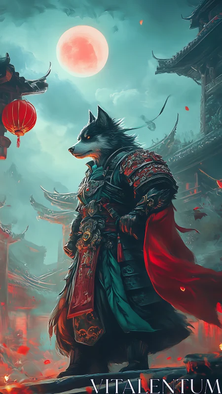 Lupine warrior in ornate lamellar armor under crimson moon