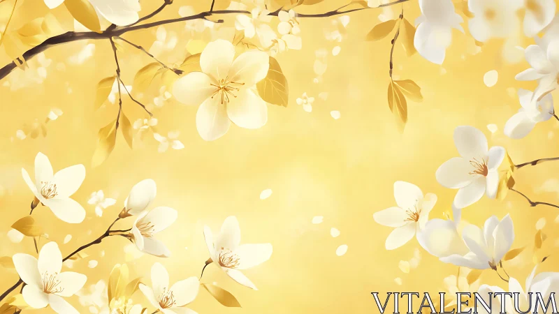 White cherry blossoms and golden leaves arranged against soft yellow background