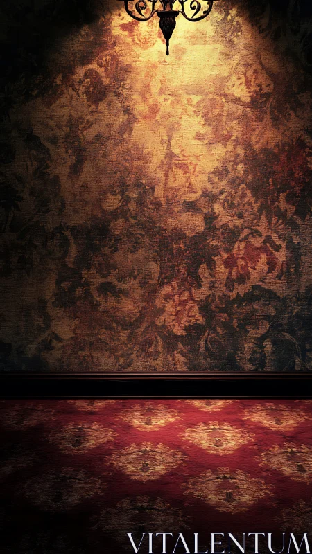 Directional spotlight exposes aged damask wall and carpet seam