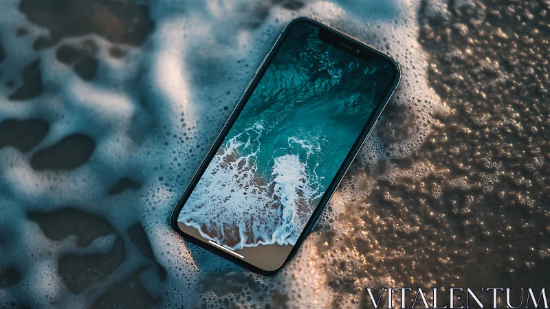 Phone drowns in its own digital surf while tides whisper back