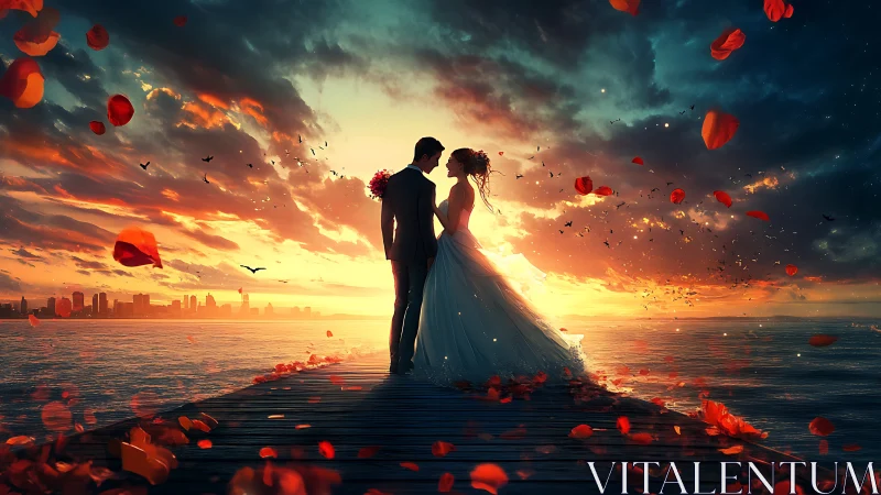 Wedding couple on pier at sunset with vivid sky and petals.