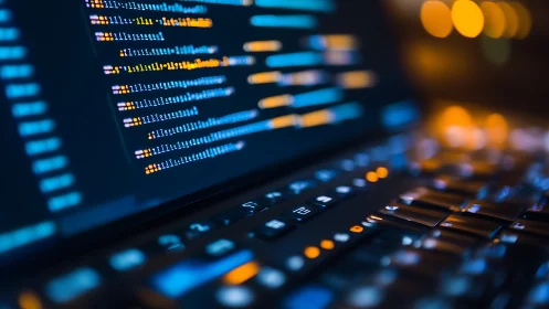 Glowing code lines illuminate a laptop in a dark workspace