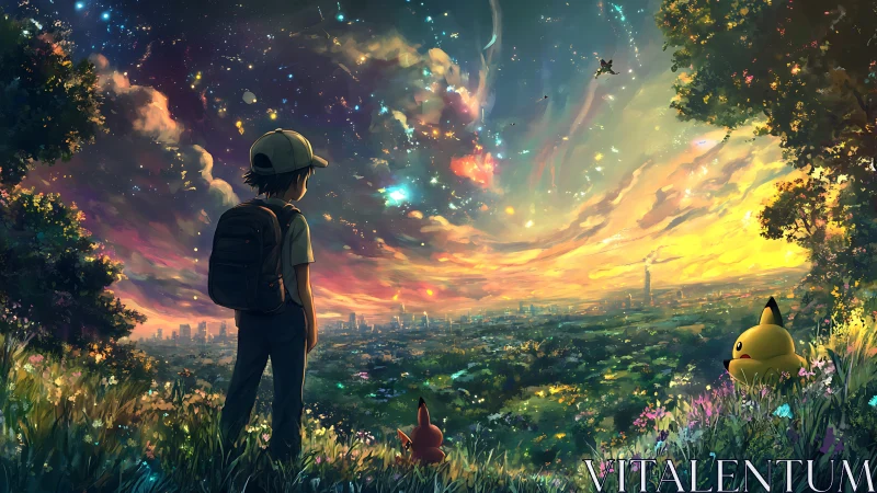 Boy and creature overlook glowing city at twilight.