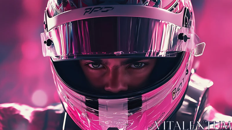 Focused race driver meets the camera in glowing pink light