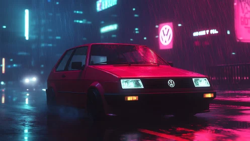 Neon red Volkswagen glows in a rainy cyberpunk city street.