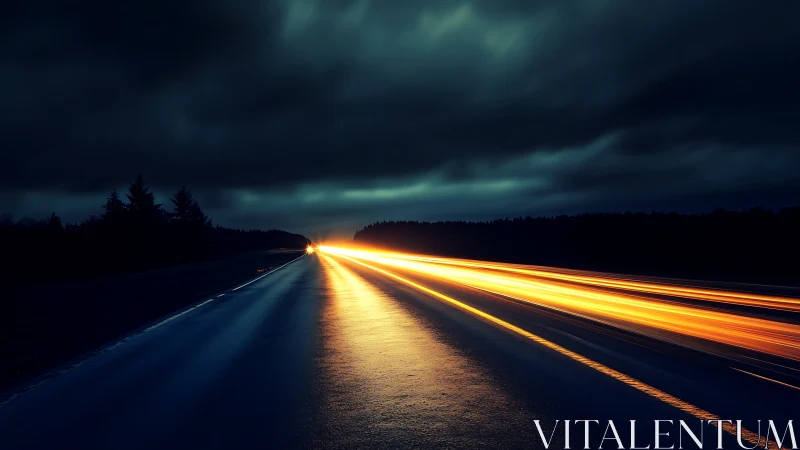 Glowing highway light trails cutting through a moody night sky.