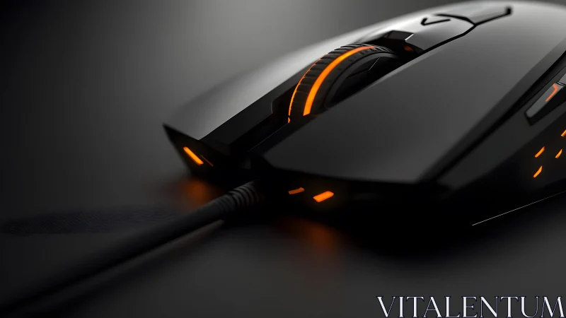 Sleek black gaming mouse with orange LED lighting, modern style.
