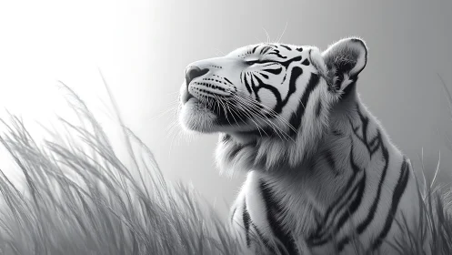 Monochrome white tiger profile in tall grass field environment.
