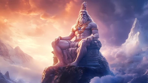Mythic sky-lit deity seated on carved stone throne in clouds