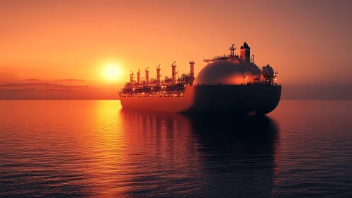 LNG carrier glides through calm seas under a blazing sunset sky