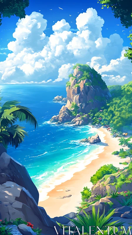 Tropical Beach with Cliff and Turquoise Waters.