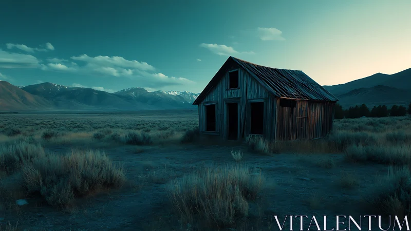 Deserted timber cabin at blue hour in wide mountain basin