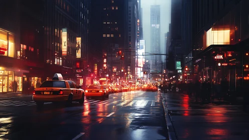 Rain soaked city street with taxis and neon reflections.