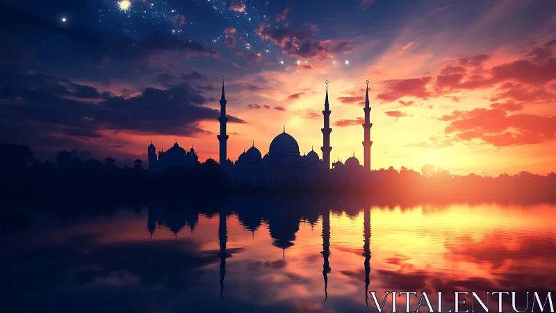 Silhouetted mosque and minarets reflect across still water at dusk