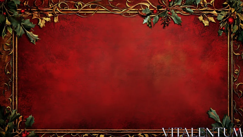 Red textured background with gold frame and holly border.